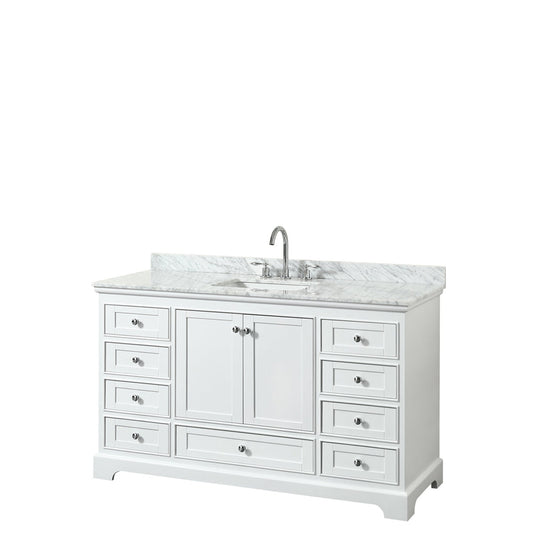 Wyndham Collection Deborah 60" Single Bathroom Vanity in White, White Carrara Marble Countertop, Undermount Square Sink, and No Mirror