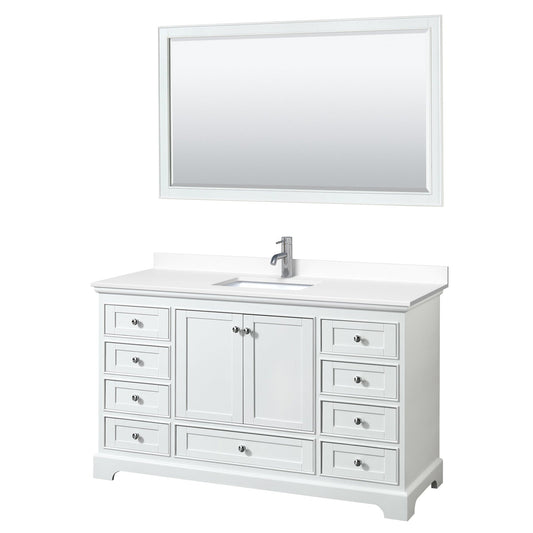 Wyndham Collection Deborah 60" Single Bathroom Vanity in White, White Cultured Marble Countertop, Undermount Square Sink, 58" Mirror