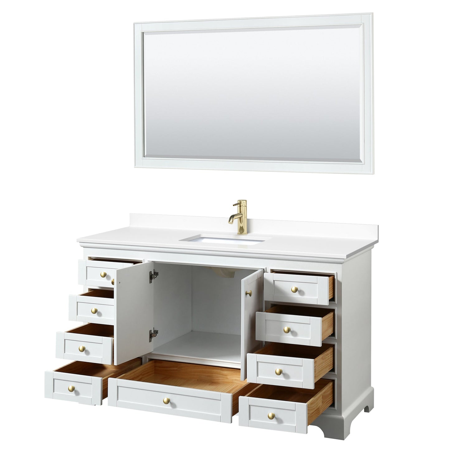 Wyndham Collection Deborah 60" Single Bathroom Vanity in White, White Cultured Marble Countertop, Undermount Square Sink, Brushed Gold Trim, 58" Mirror