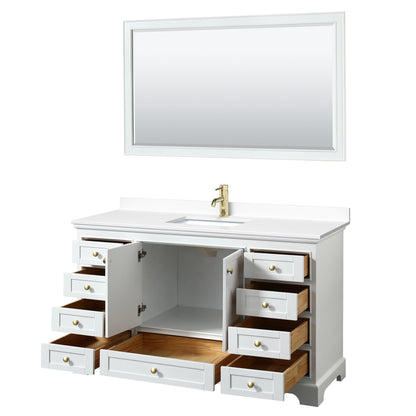 Wyndham Collection Deborah 60" Single Bathroom Vanity in White, White Cultured Marble Countertop, Undermount Square Sink, Brushed Gold Trim, 58" Mirror