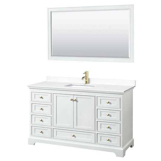 Wyndham Collection Deborah 60" Single Bathroom Vanity in White, White Cultured Marble Countertop, Undermount Square Sink, Brushed Gold Trim, 58" Mirror