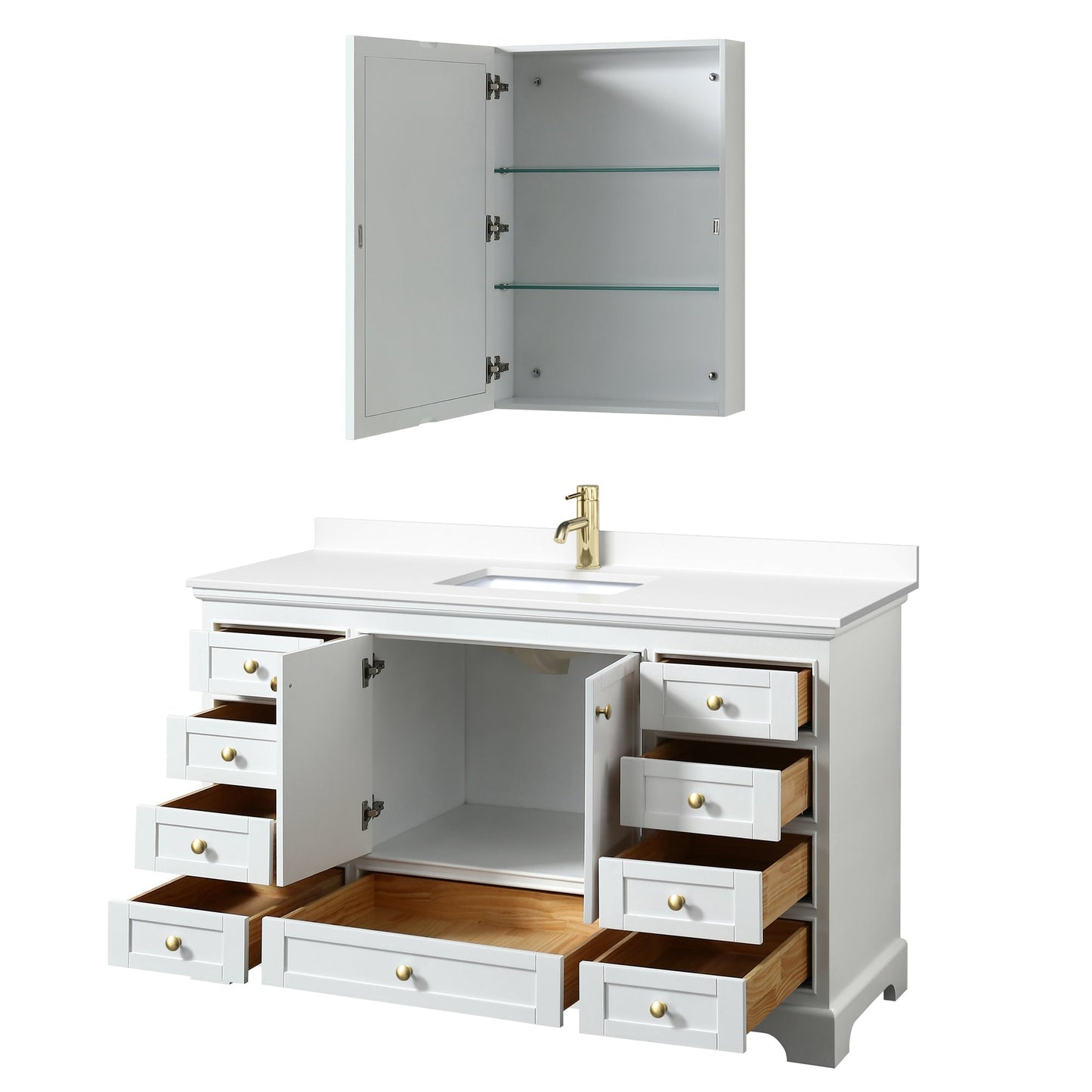 Wyndham Collection Deborah 60" Single Bathroom Vanity in White, White Cultured Marble Countertop, Undermount Square Sink, Brushed Gold Trim, Medicine Cabinet