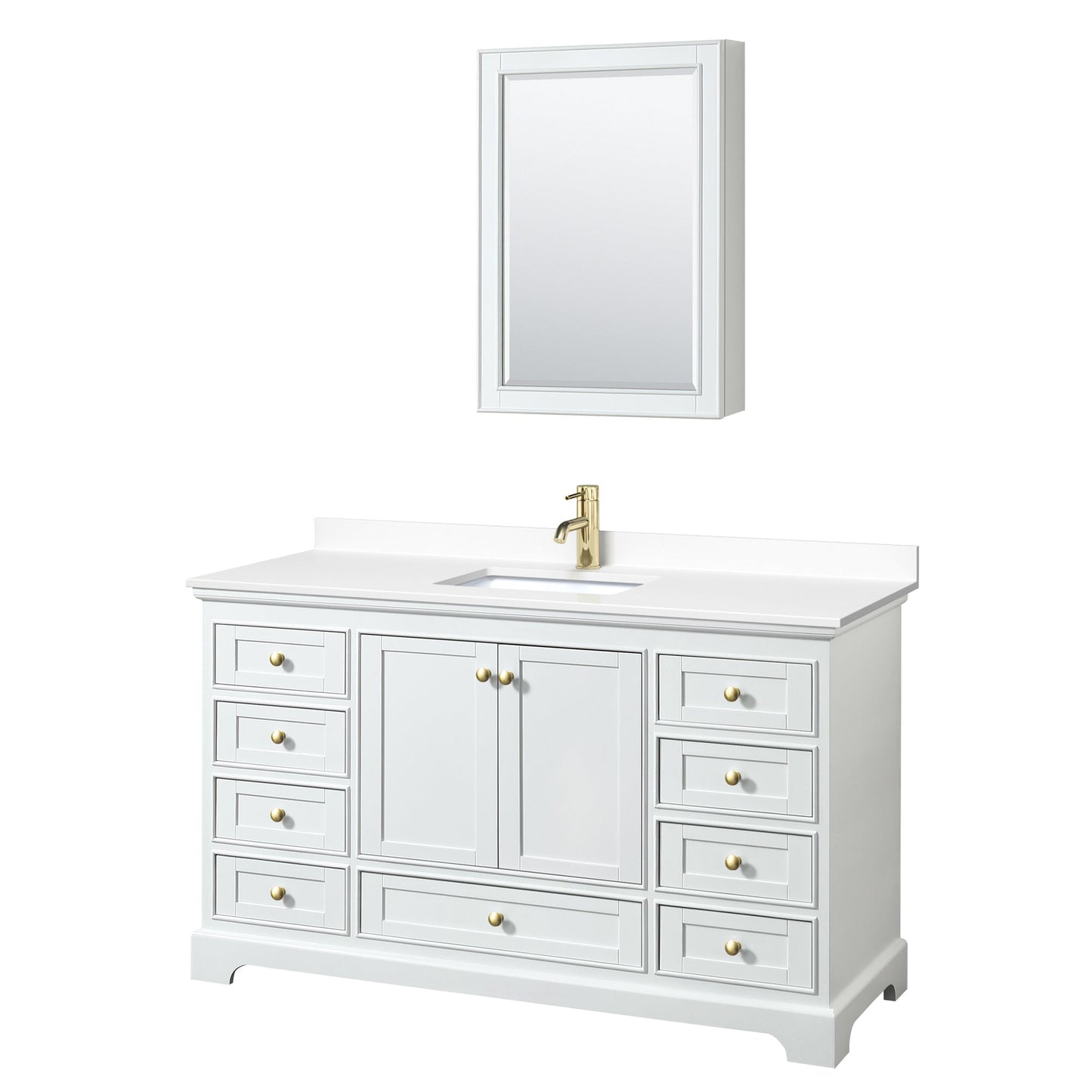 Wyndham Collection Deborah 60" Single Bathroom Vanity in White, White Cultured Marble Countertop, Undermount Square Sink, Brushed Gold Trim, Medicine Cabinet