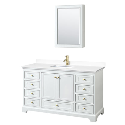 Wyndham Collection Deborah 60" Single Bathroom Vanity in White, White Cultured Marble Countertop, Undermount Square Sink, Brushed Gold Trim, Medicine Cabinet