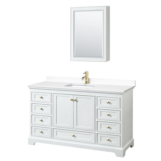 Wyndham Collection Deborah 60" Single Bathroom Vanity in White, White Cultured Marble Countertop, Undermount Square Sink, Brushed Gold Trim, Medicine Cabinet