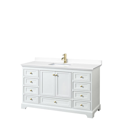 Wyndham Collection Deborah 60" Single Bathroom Vanity in White, White Cultured Marble Countertop, Undermount Square Sink, Brushed Gold Trim, No Mirror