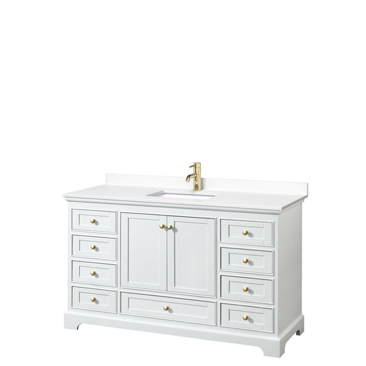 Wyndham Collection Deborah 60" Single Bathroom Vanity in White, White Cultured Marble Countertop, Undermount Square Sink, Brushed Gold Trim, No Mirror