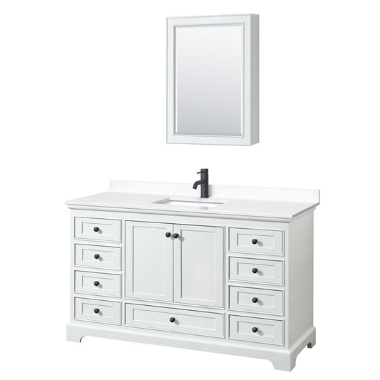 Wyndham Collection Deborah 60" Single Bathroom Vanity in White, White Cultured Marble Countertop, Undermount Square Sink, Matte Black Trim, Medicine Cabinet