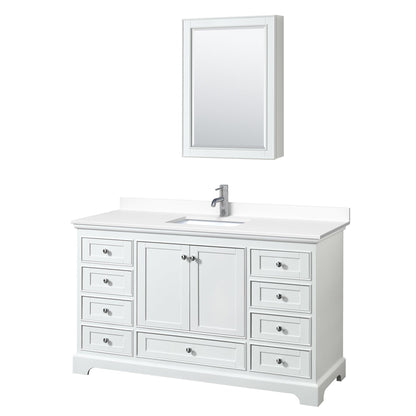 Wyndham Collection Deborah 60" Single Bathroom Vanity in White, White Cultured Marble Countertop, Undermount Square Sink, Medicine Cabinet