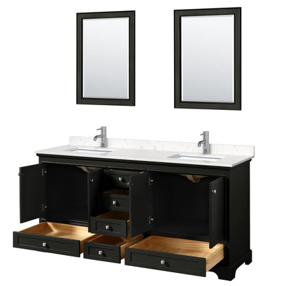 Wyndham Collection Deborah 72" Double Bathroom Vanity in Dark Espresso, Light-Vein Carrara Cultured Marble Countertop, Undermount Square Sinks, 24" Mirror