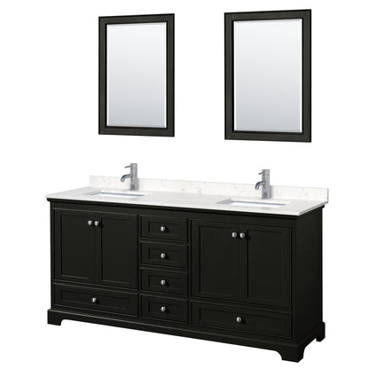 Wyndham Collection Deborah 72" Double Bathroom Vanity in Dark Espresso, Light-Vein Carrara Cultured Marble Countertop, Undermount Square Sinks, 24" Mirror