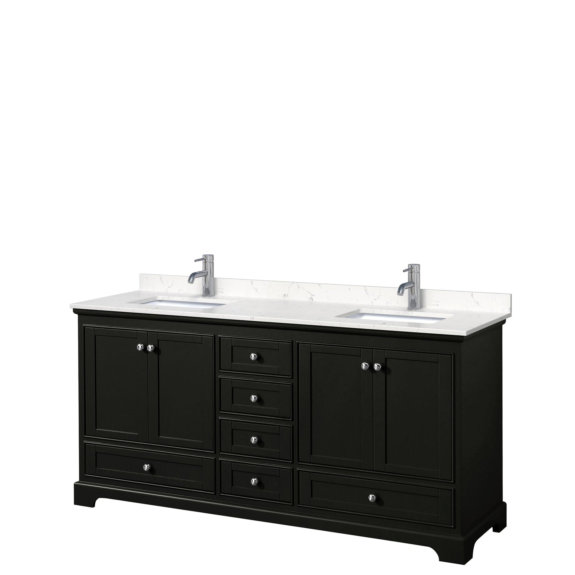 Wyndham Collection Deborah 72" Double Bathroom Vanity in Dark Espresso, Light-Vein Carrara Cultured Marble Countertop, Undermount Square Sinks, No Mirror