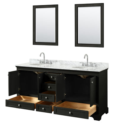 Wyndham Collection Deborah 72" Double Bathroom Vanity in Dark Espresso, White Carrara Marble Countertop, Undermount Oval Sinks, and 24" Mirror
