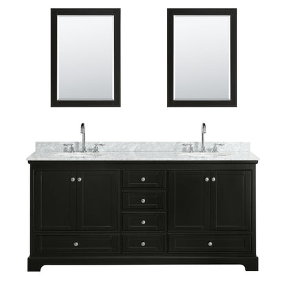 Wyndham Collection Deborah 72" Double Bathroom Vanity in Dark Espresso, White Carrara Marble Countertop, Undermount Oval Sinks, and 24" Mirror
