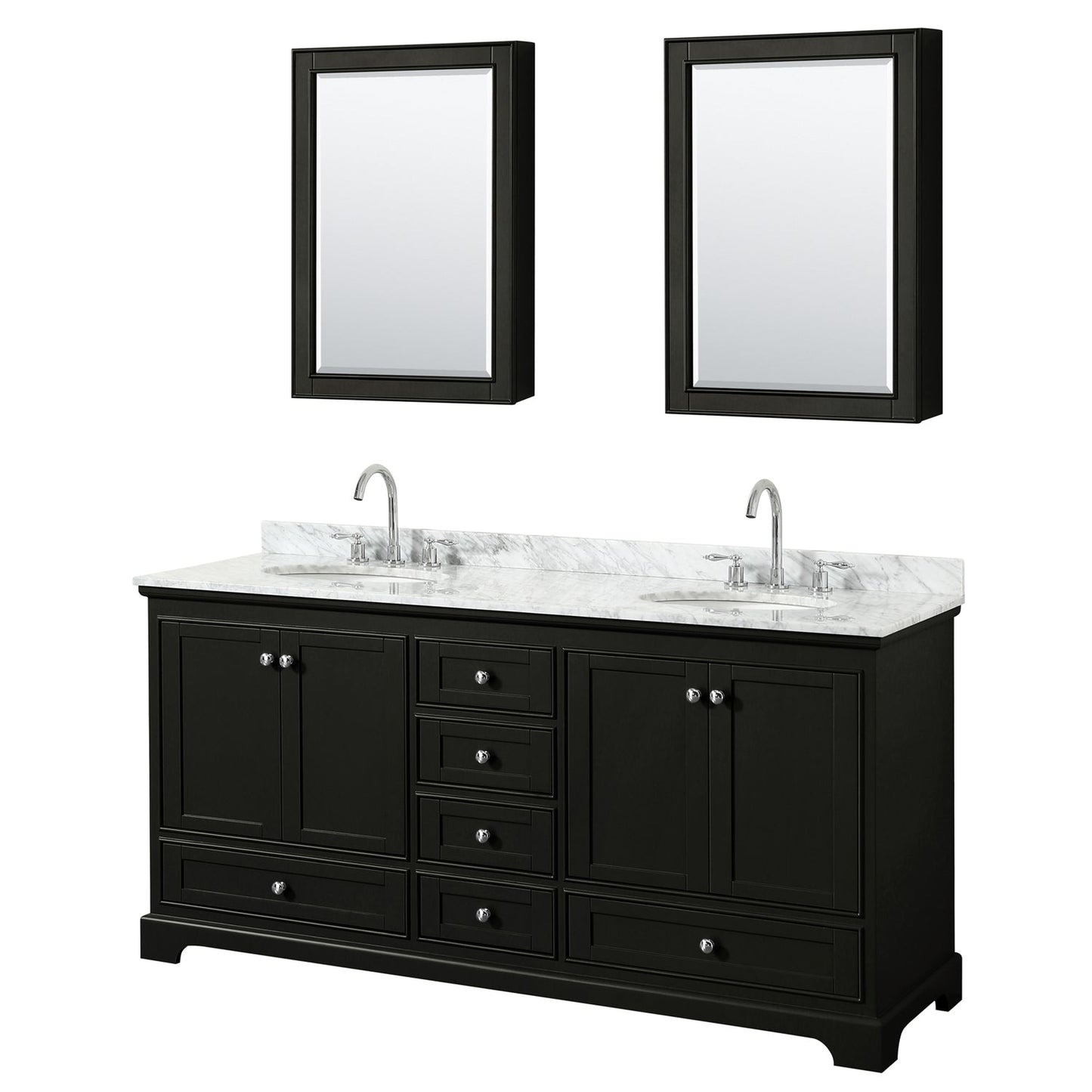 Wyndham Collection Deborah 72" Double Bathroom Vanity in Dark Espresso, White Carrara Marble Countertop, Undermount Oval Sinks, and Medicine Cabinet