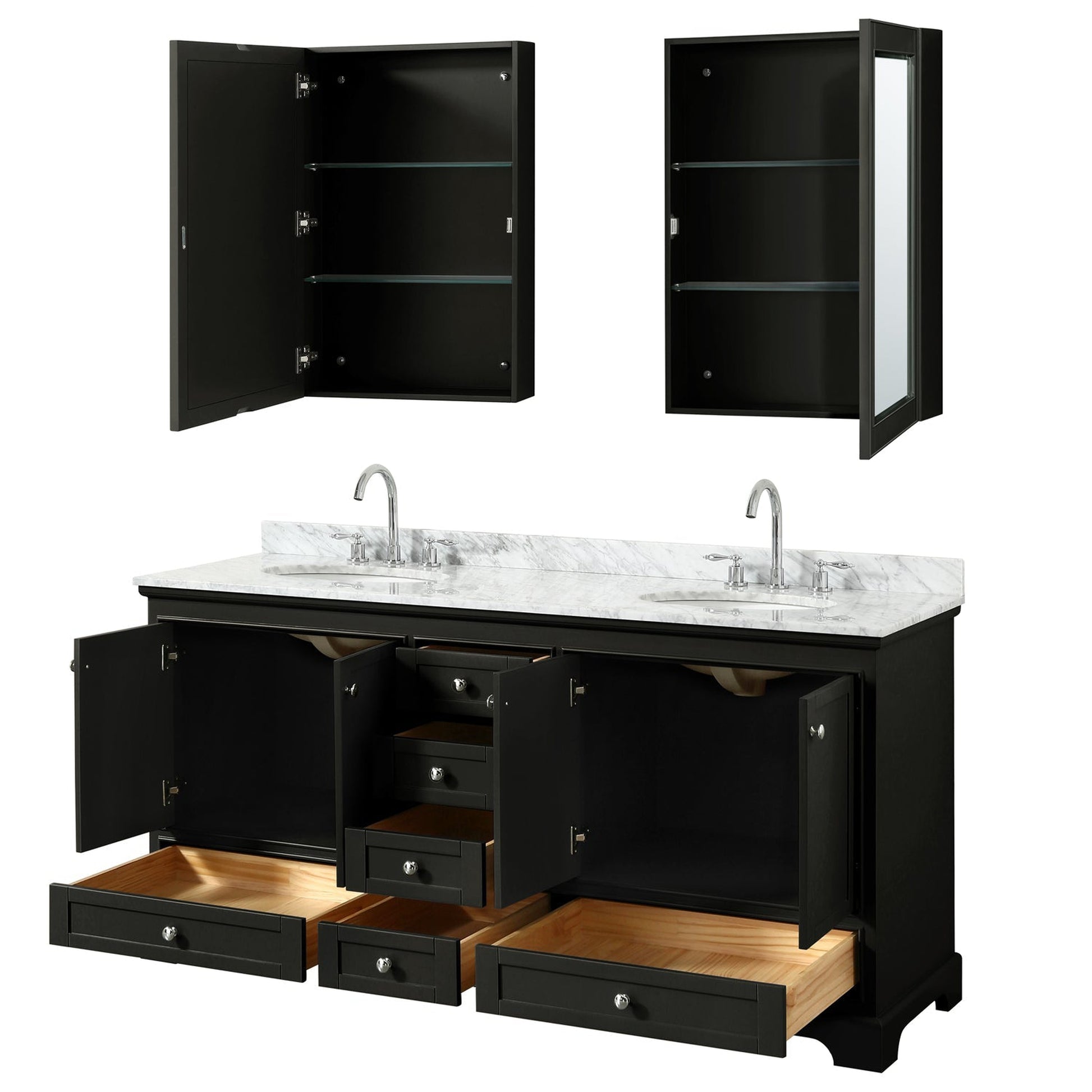 Wyndham Collection Deborah 72" Double Bathroom Vanity in Dark Espresso, White Carrara Marble Countertop, Undermount Oval Sinks, and Medicine Cabinet