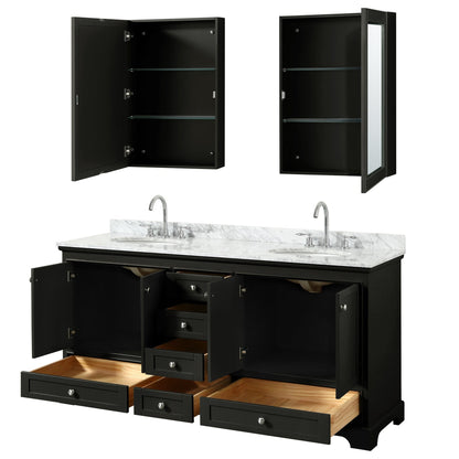 Wyndham Collection Deborah 72" Double Bathroom Vanity in Dark Espresso, White Carrara Marble Countertop, Undermount Oval Sinks, and Medicine Cabinet