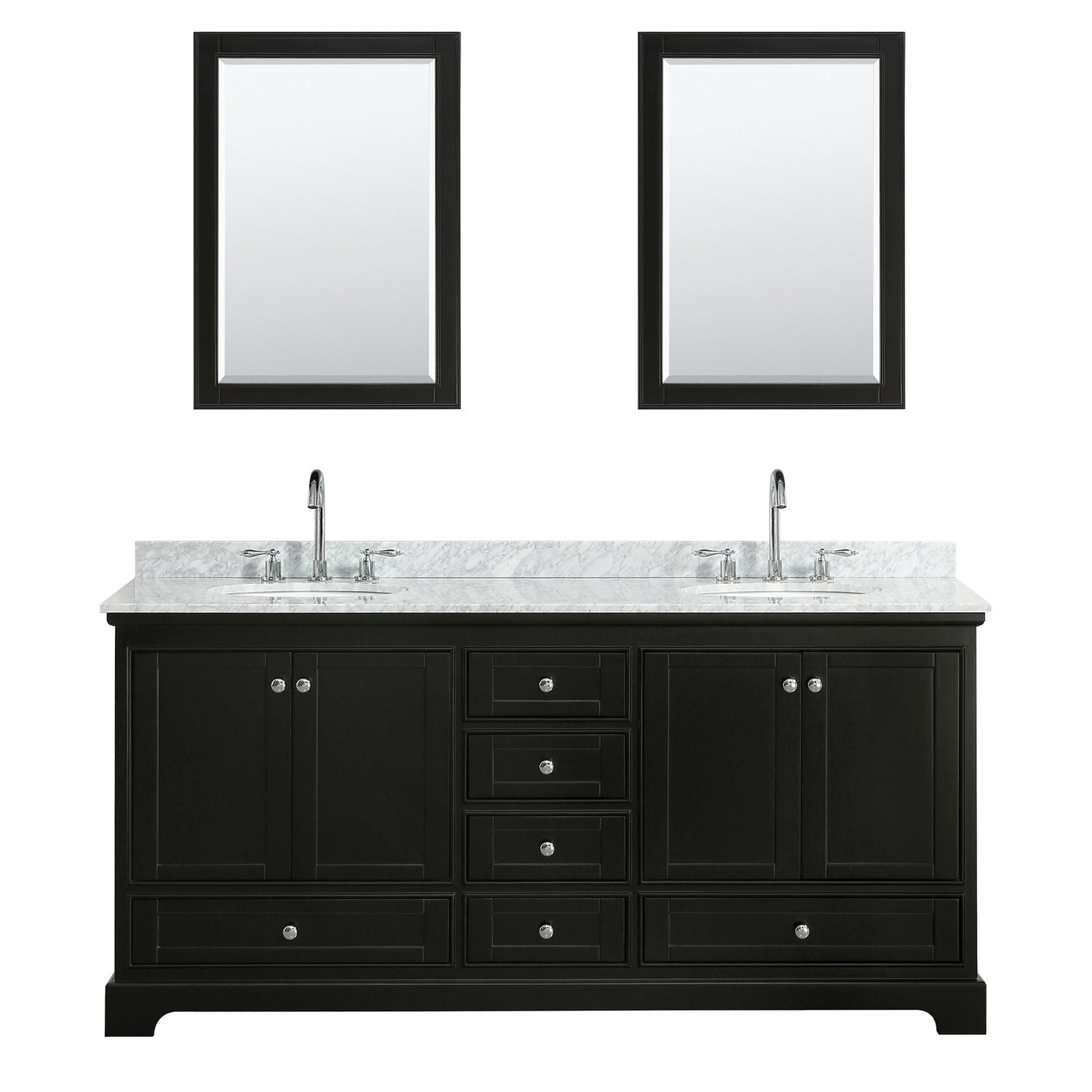 Wyndham Collection Deborah 72" Double Bathroom Vanity in Dark Espresso, White Carrara Marble Countertop, Undermount Oval Sinks, and Medicine Cabinet
