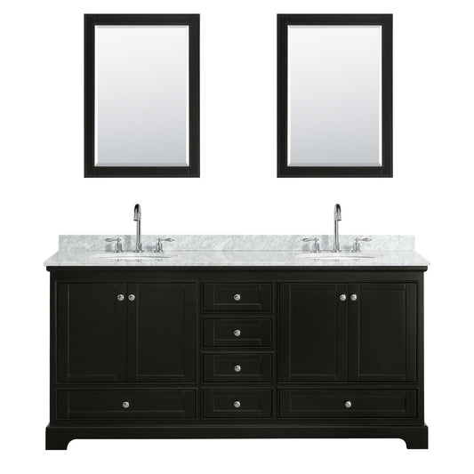 Wyndham Collection Deborah 72" Double Bathroom Vanity in Dark Espresso, White Carrara Marble Countertop, Undermount Oval Sinks, and Medicine Cabinet