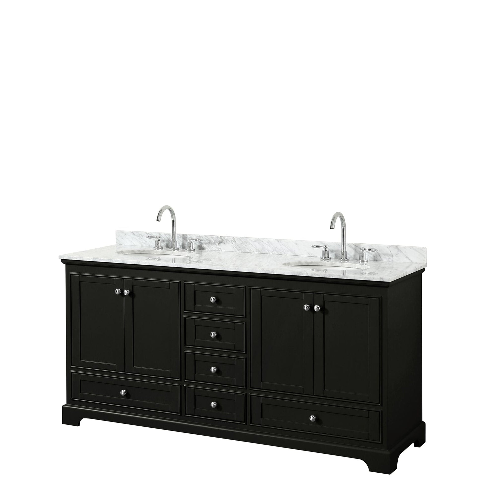 Wyndham Collection Deborah 72" Double Bathroom Vanity in Dark Espresso, White Carrara Marble Countertop, Undermount Oval Sinks, and No Mirror