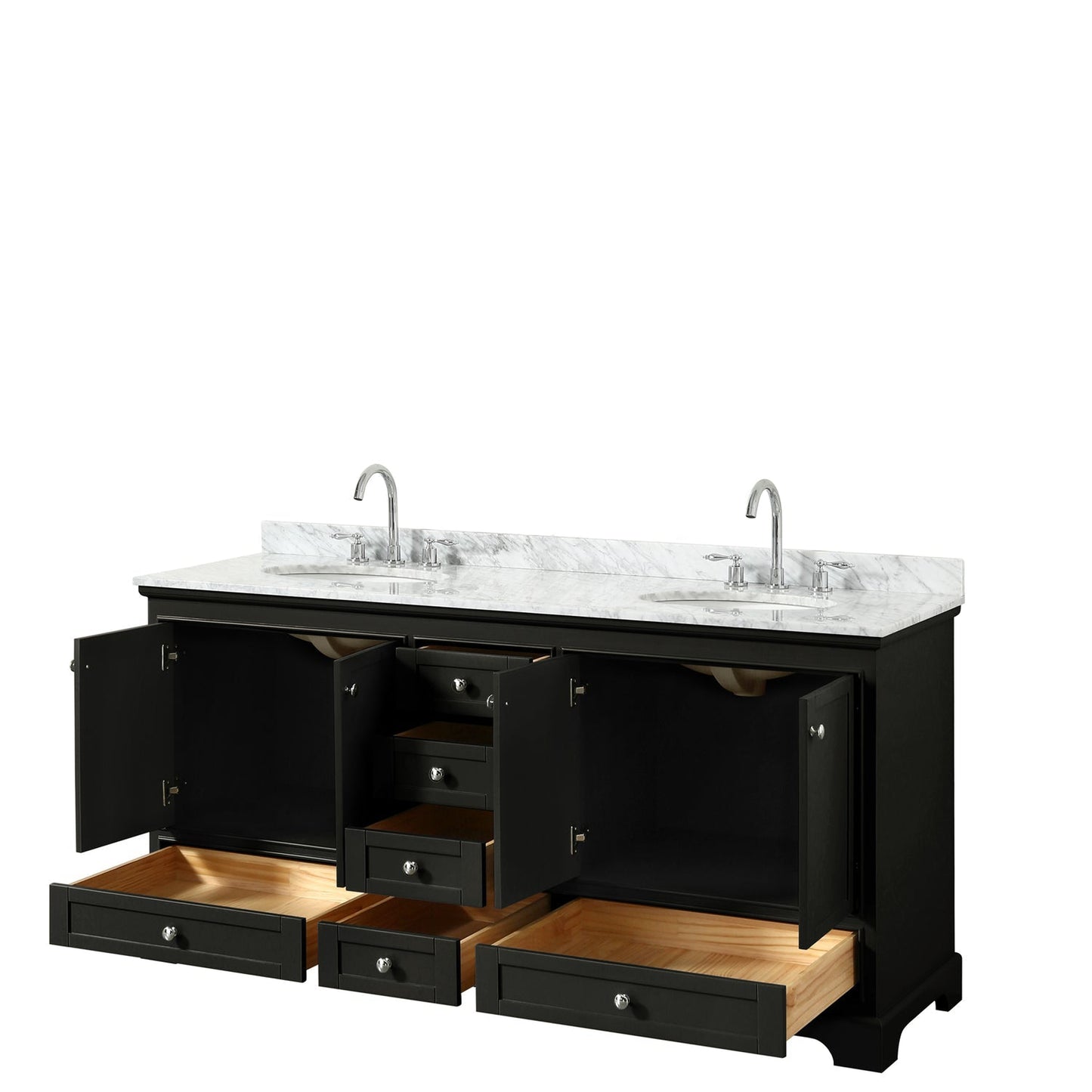Wyndham Collection Deborah 72" Double Bathroom Vanity in Dark Espresso, White Carrara Marble Countertop, Undermount Oval Sinks, and No Mirror