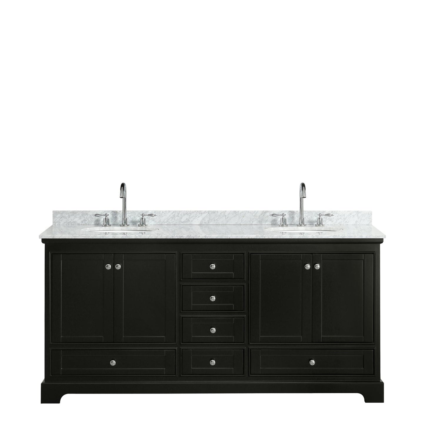 Wyndham Collection Deborah 72" Double Bathroom Vanity in Dark Espresso, White Carrara Marble Countertop, Undermount Oval Sinks, and No Mirror