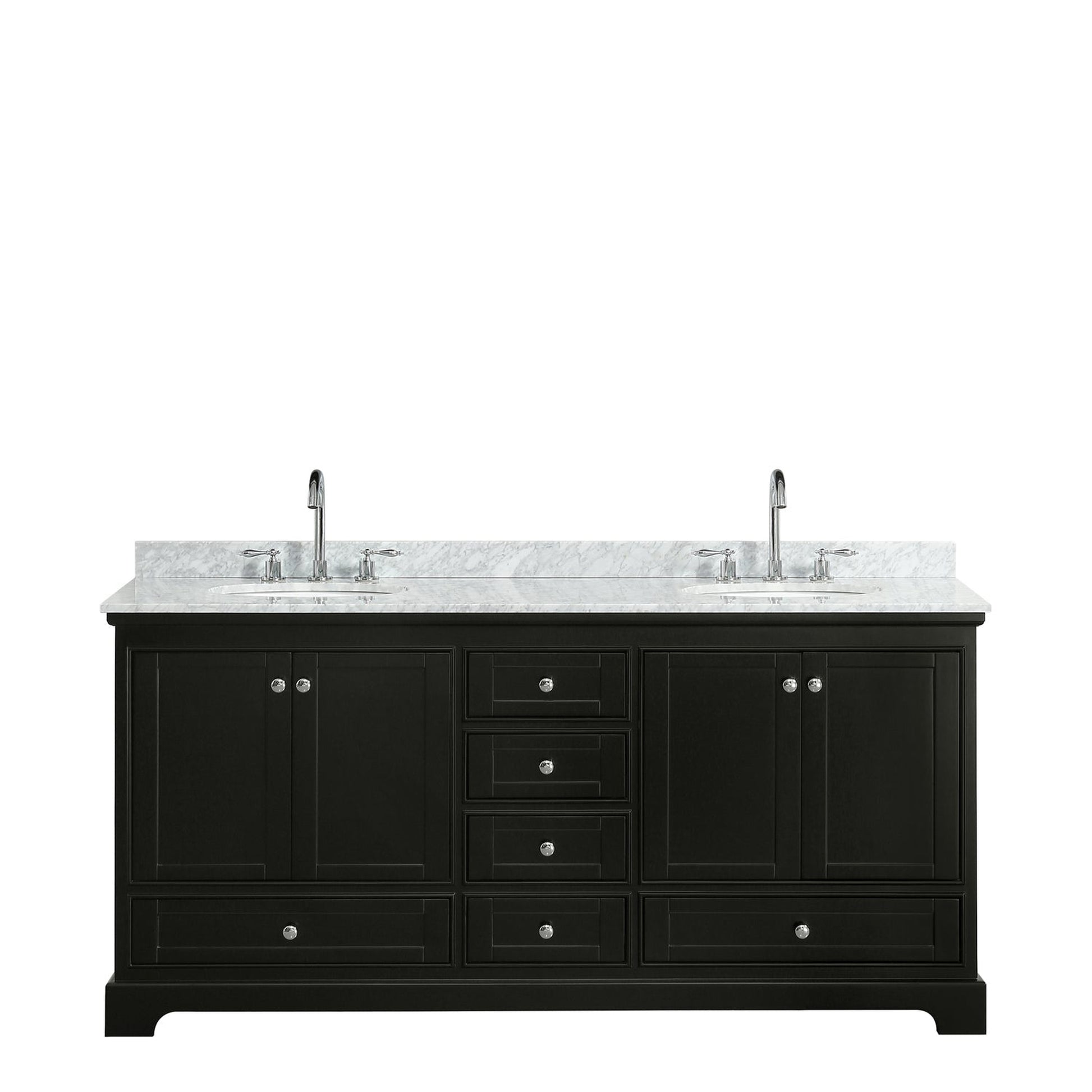 Wyndham Collection Deborah 72" Double Bathroom Vanity in Dark Espresso, White Carrara Marble Countertop, Undermount Oval Sinks, and No Mirror