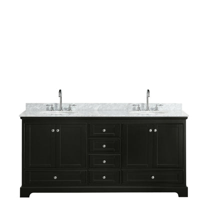 Wyndham Collection Deborah 72" Double Bathroom Vanity in Dark Espresso, White Carrara Marble Countertop, Undermount Oval Sinks, and No Mirror