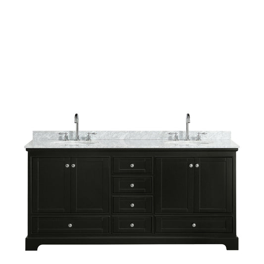 Wyndham Collection Deborah 72" Double Bathroom Vanity in Dark Espresso, White Carrara Marble Countertop, Undermount Oval Sinks, and No Mirror
