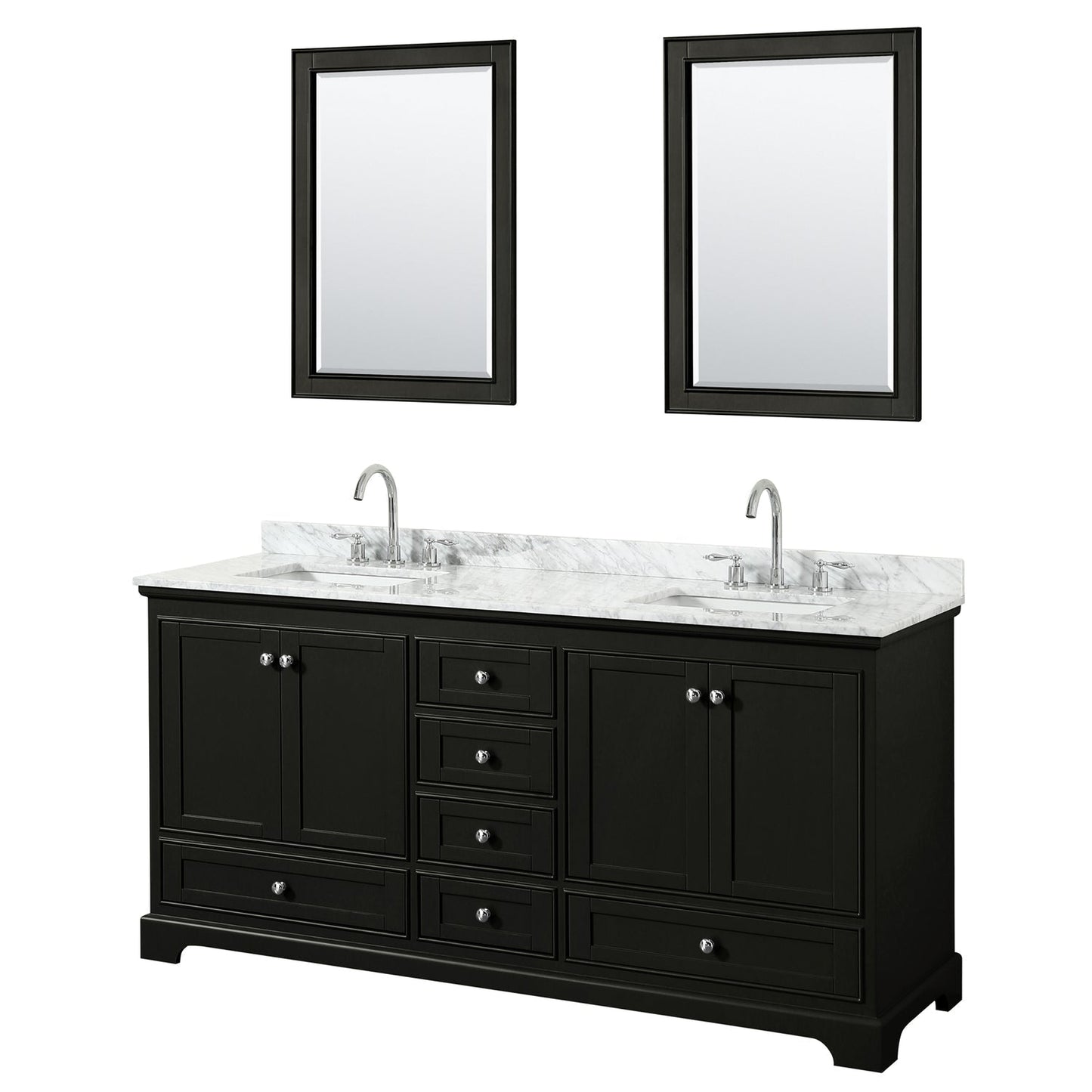 Wyndham Collection Deborah 72" Double Bathroom Vanity in Dark Espresso, White Carrara Marble Countertop, Undermount Square Sinks, and 24" Mirror