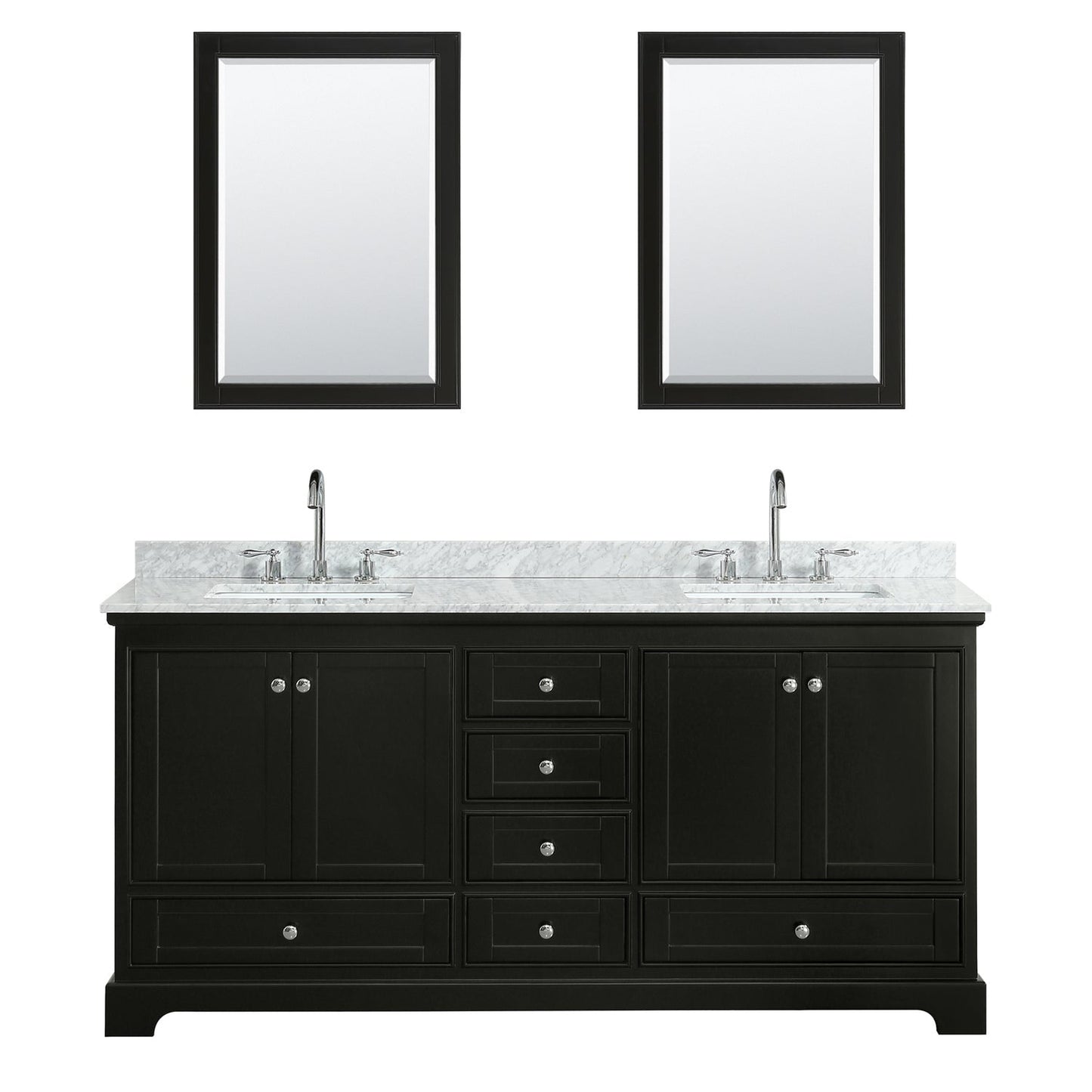 Wyndham Collection Deborah 72" Double Bathroom Vanity in Dark Espresso, White Carrara Marble Countertop, Undermount Square Sinks, and 24" Mirror
