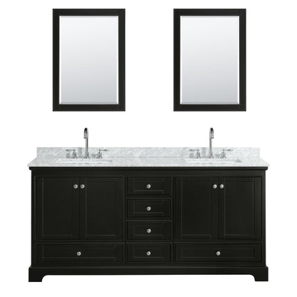 Wyndham Collection Deborah 72" Double Bathroom Vanity in Dark Espresso, White Carrara Marble Countertop, Undermount Square Sinks, and 24" Mirror