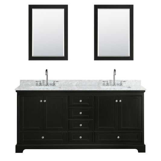 Wyndham Collection Deborah 72" Double Bathroom Vanity in Dark Espresso, White Carrara Marble Countertop, Undermount Square Sinks, and 24" Mirror