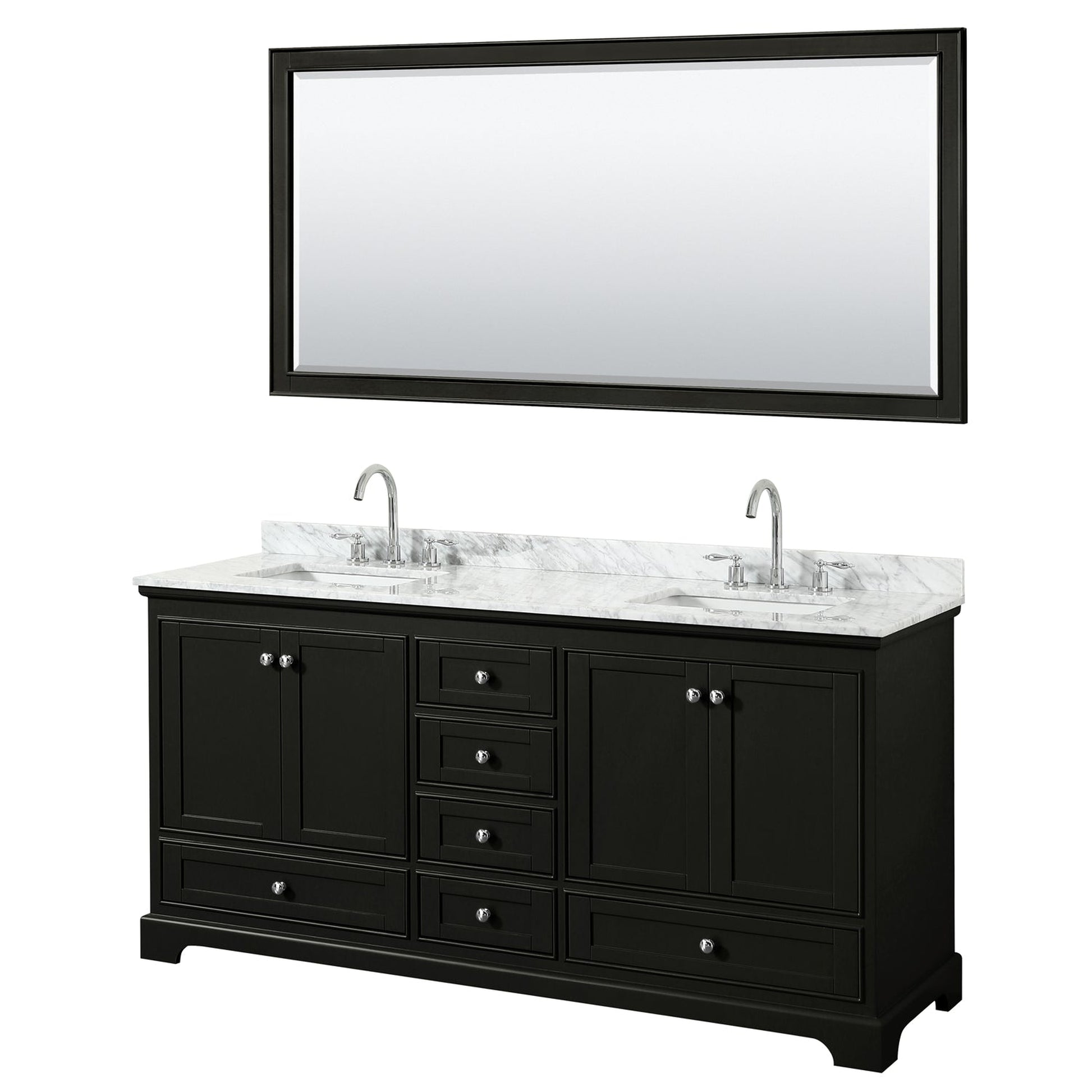 Wyndham Collection Deborah 72" Double Bathroom Vanity in Dark Espresso, White Carrara Marble Countertop, Undermount Square Sinks, and 70" Mirror