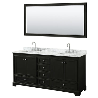 Wyndham Collection Deborah 72" Double Bathroom Vanity in Dark Espresso, White Carrara Marble Countertop, Undermount Square Sinks, and 70" Mirror