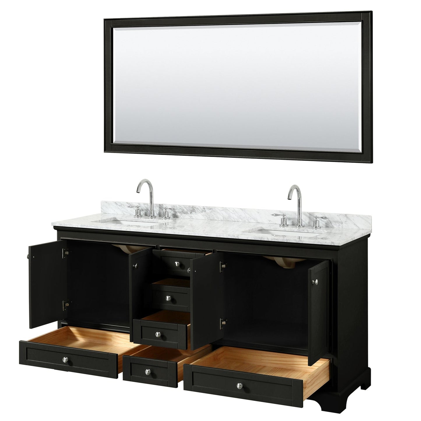 Wyndham Collection Deborah 72" Double Bathroom Vanity in Dark Espresso, White Carrara Marble Countertop, Undermount Square Sinks, and 70" Mirror