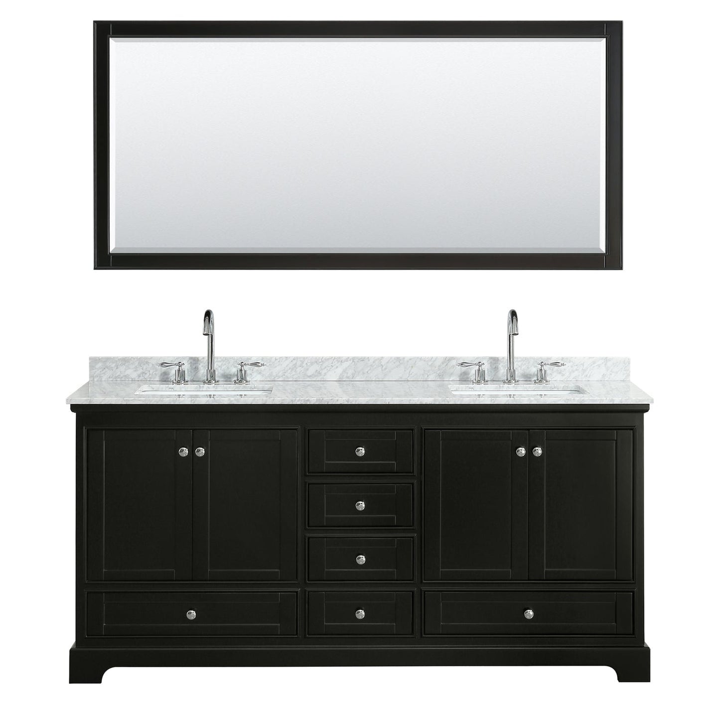 Wyndham Collection Deborah 72" Double Bathroom Vanity in Dark Espresso, White Carrara Marble Countertop, Undermount Square Sinks, and 70" Mirror