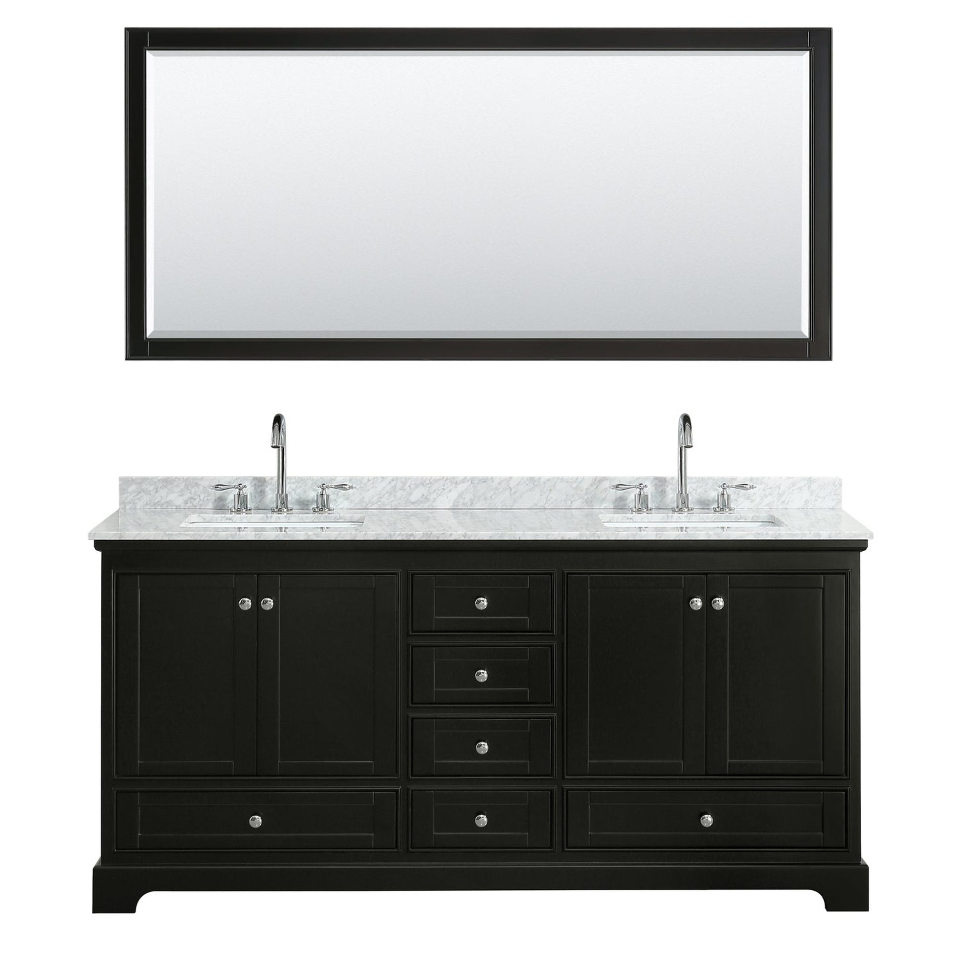 Wyndham Collection Deborah 72" Double Bathroom Vanity in Dark Espresso, White Carrara Marble Countertop, Undermount Square Sinks, and 70" Mirror