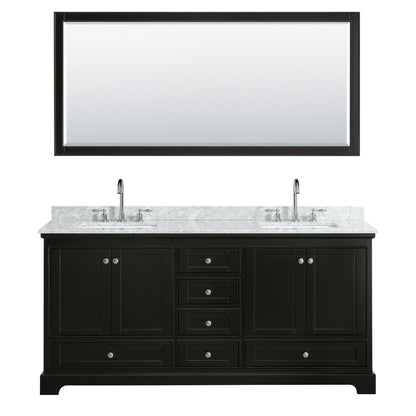 Wyndham Collection Deborah 72" Double Bathroom Vanity in Dark Espresso, White Carrara Marble Countertop, Undermount Square Sinks, and 70" Mirror