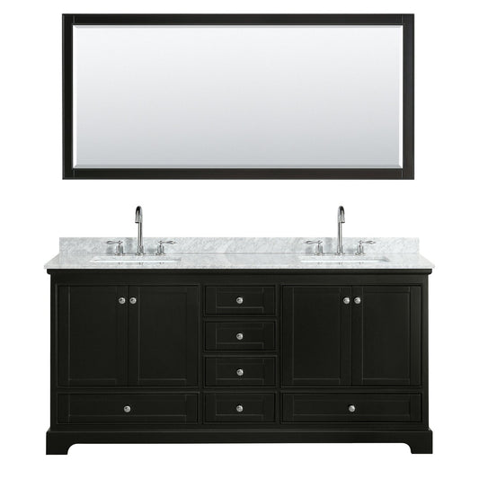Wyndham Collection Deborah 72" Double Bathroom Vanity in Dark Espresso, White Carrara Marble Countertop, Undermount Square Sinks, and 70" Mirror