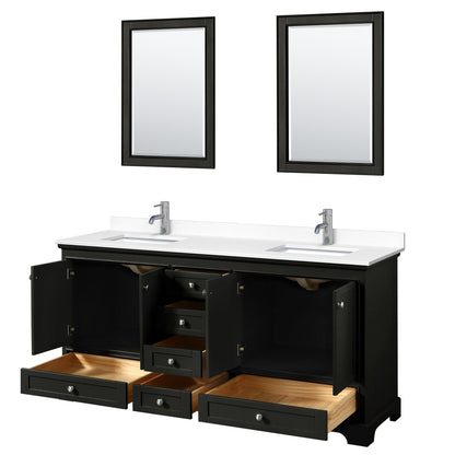 Wyndham Collection Deborah 72" Double Bathroom Vanity in Dark Espresso, White Cultured Marble Countertop, Undermount Square Sinks, 24" Mirror