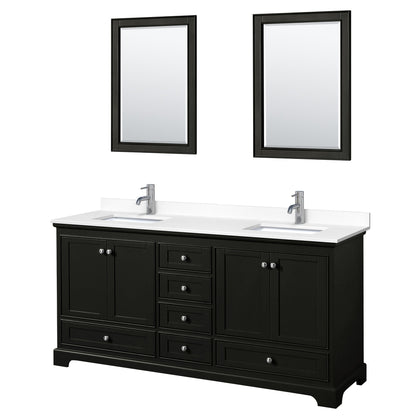 Wyndham Collection Deborah 72" Double Bathroom Vanity in Dark Espresso, White Cultured Marble Countertop, Undermount Square Sinks, 24" Mirror