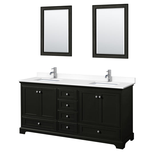 Wyndham Collection Deborah 72" Double Bathroom Vanity in Dark Espresso, White Cultured Marble Countertop, Undermount Square Sinks, 24" Mirror
