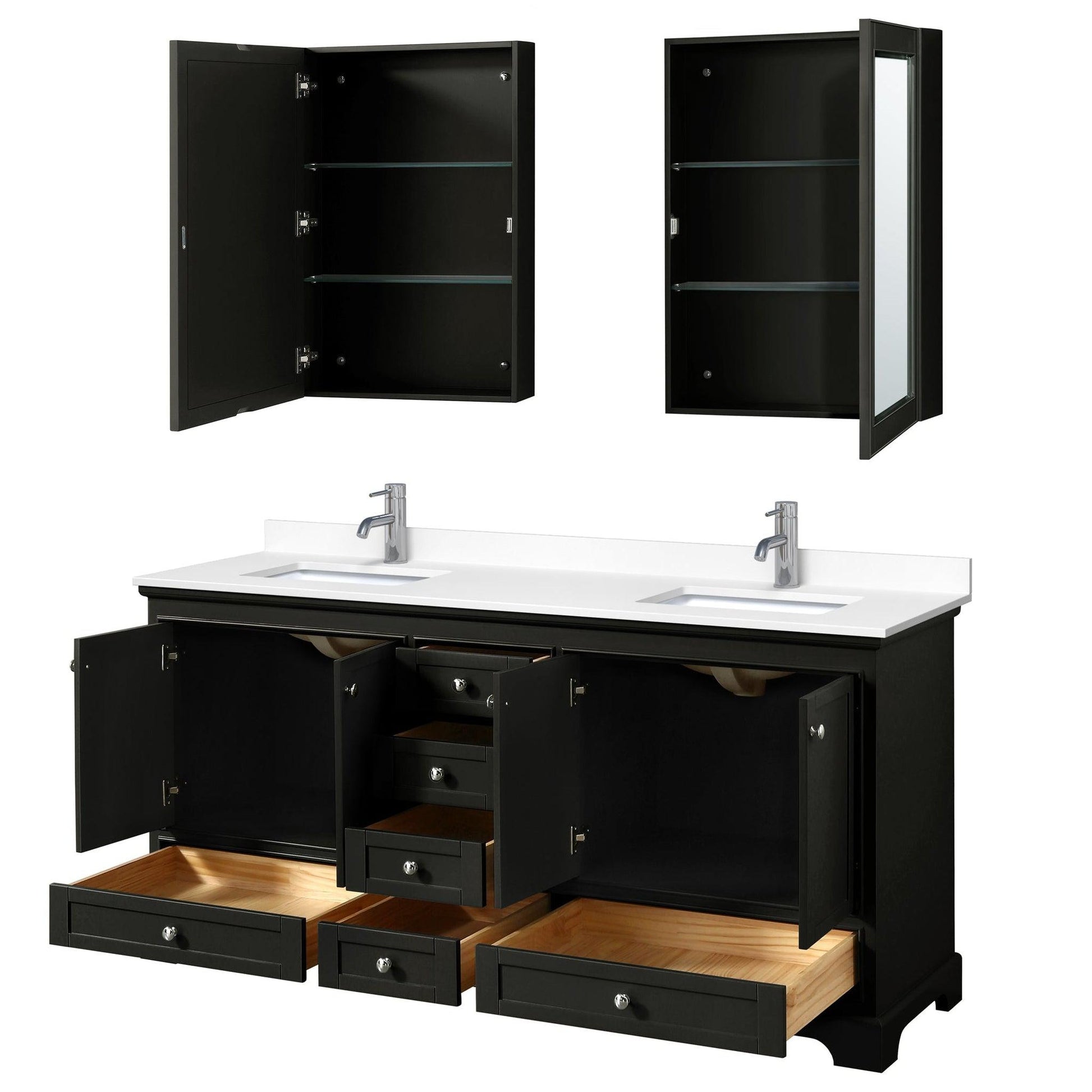 Wyndham Collection Deborah 72" Double Bathroom Vanity in Dark Espresso, White Cultured Marble Countertop, Undermount Square Sinks, Medicine Cabinet