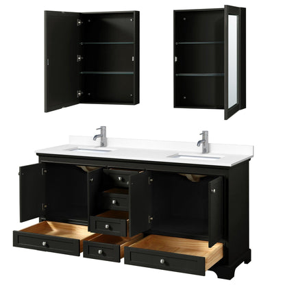 Wyndham Collection Deborah 72" Double Bathroom Vanity in Dark Espresso, White Cultured Marble Countertop, Undermount Square Sinks, Medicine Cabinet