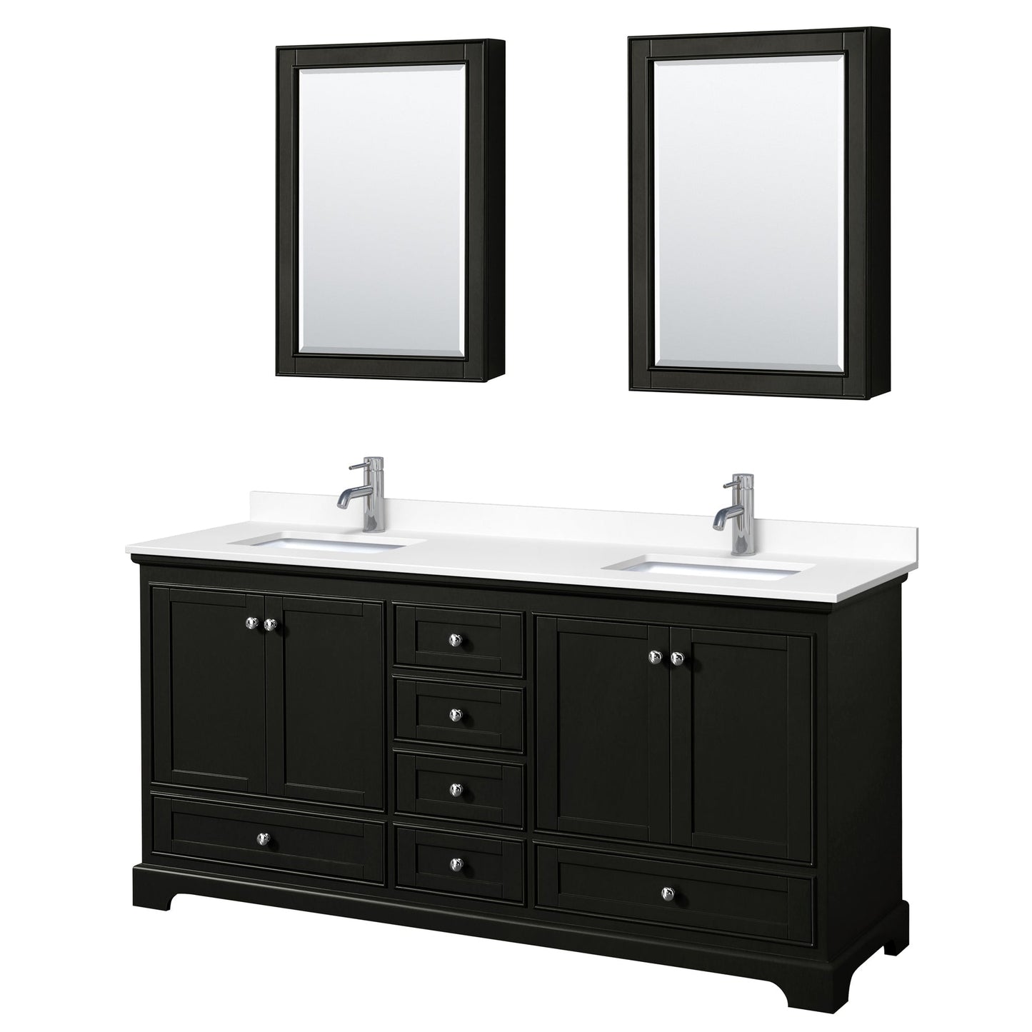 Wyndham Collection Deborah 72" Double Bathroom Vanity in Dark Espresso, White Cultured Marble Countertop, Undermount Square Sinks, Medicine Cabinet