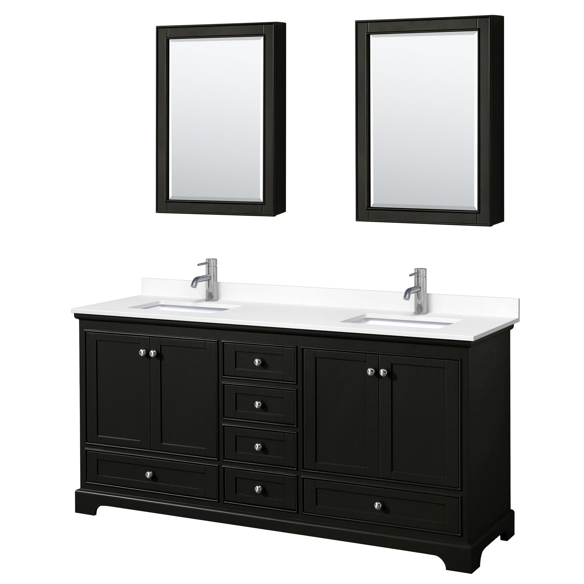 Wyndham Collection Deborah 72" Double Bathroom Vanity in Dark Espresso, White Cultured Marble Countertop, Undermount Square Sinks, Medicine Cabinet