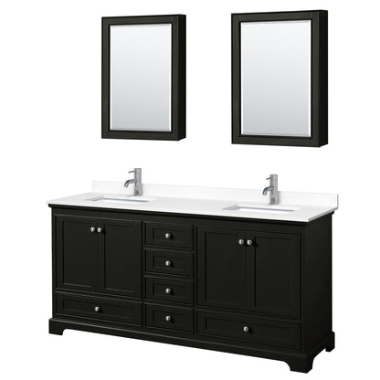 Wyndham Collection Deborah 72" Double Bathroom Vanity in Dark Espresso, White Cultured Marble Countertop, Undermount Square Sinks, Medicine Cabinet