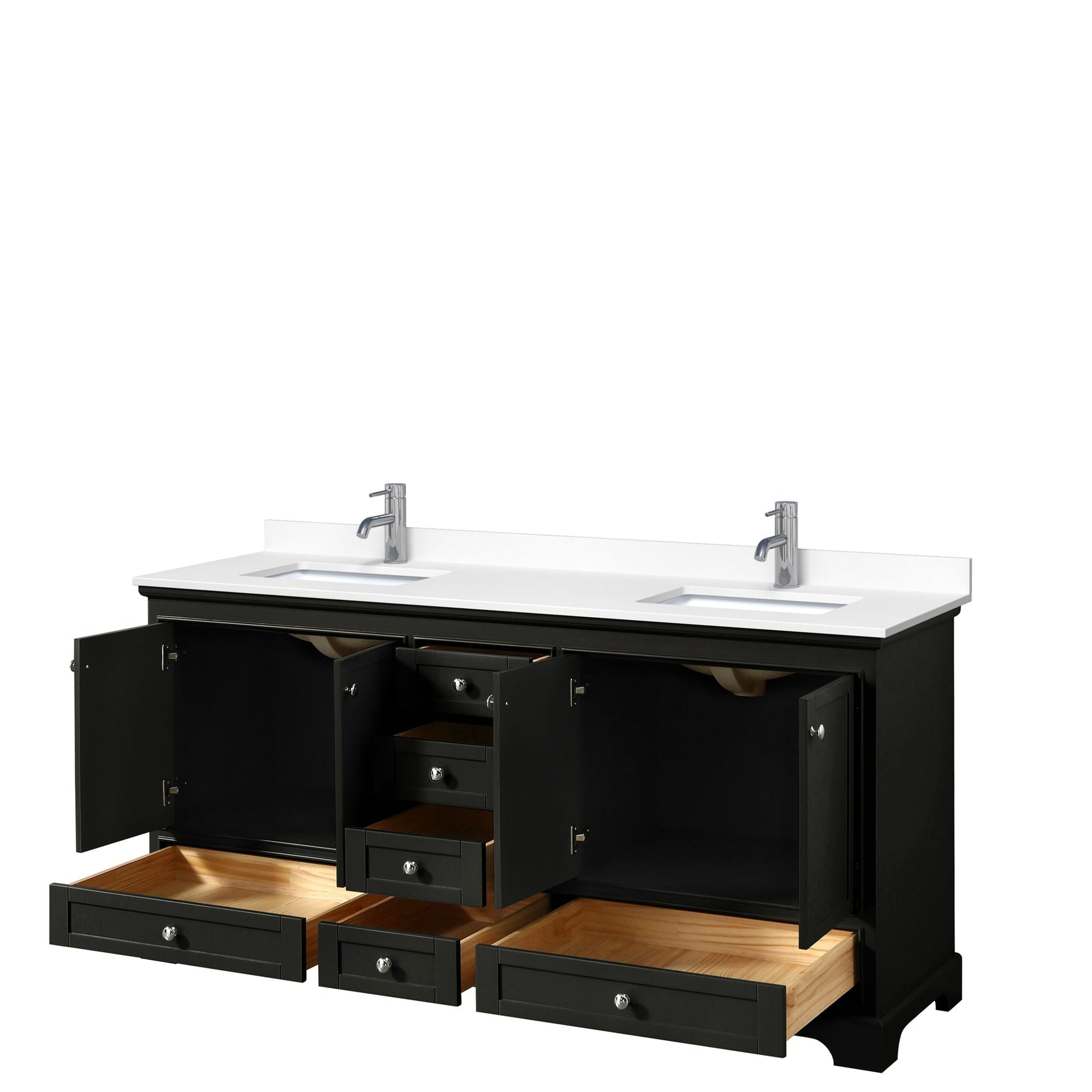 Wyndham Collection Deborah 72" Double Bathroom Vanity in Dark Espresso, White Cultured Marble Countertop, Undermount Square Sinks, No Mirror