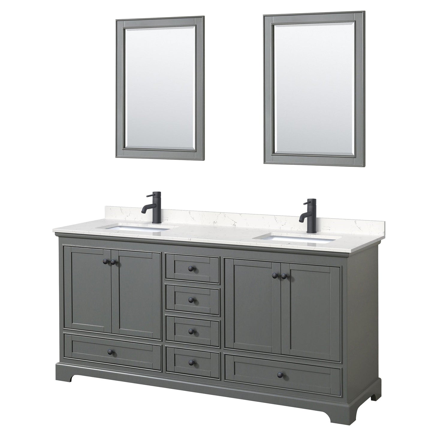 Wyndham Collection Deborah 72" Double Bathroom Vanity in Dark Gray, Carrara Cultured Marble Countertop, Undermount Square Sinks, Matte Black Trim, 24" Mirrors